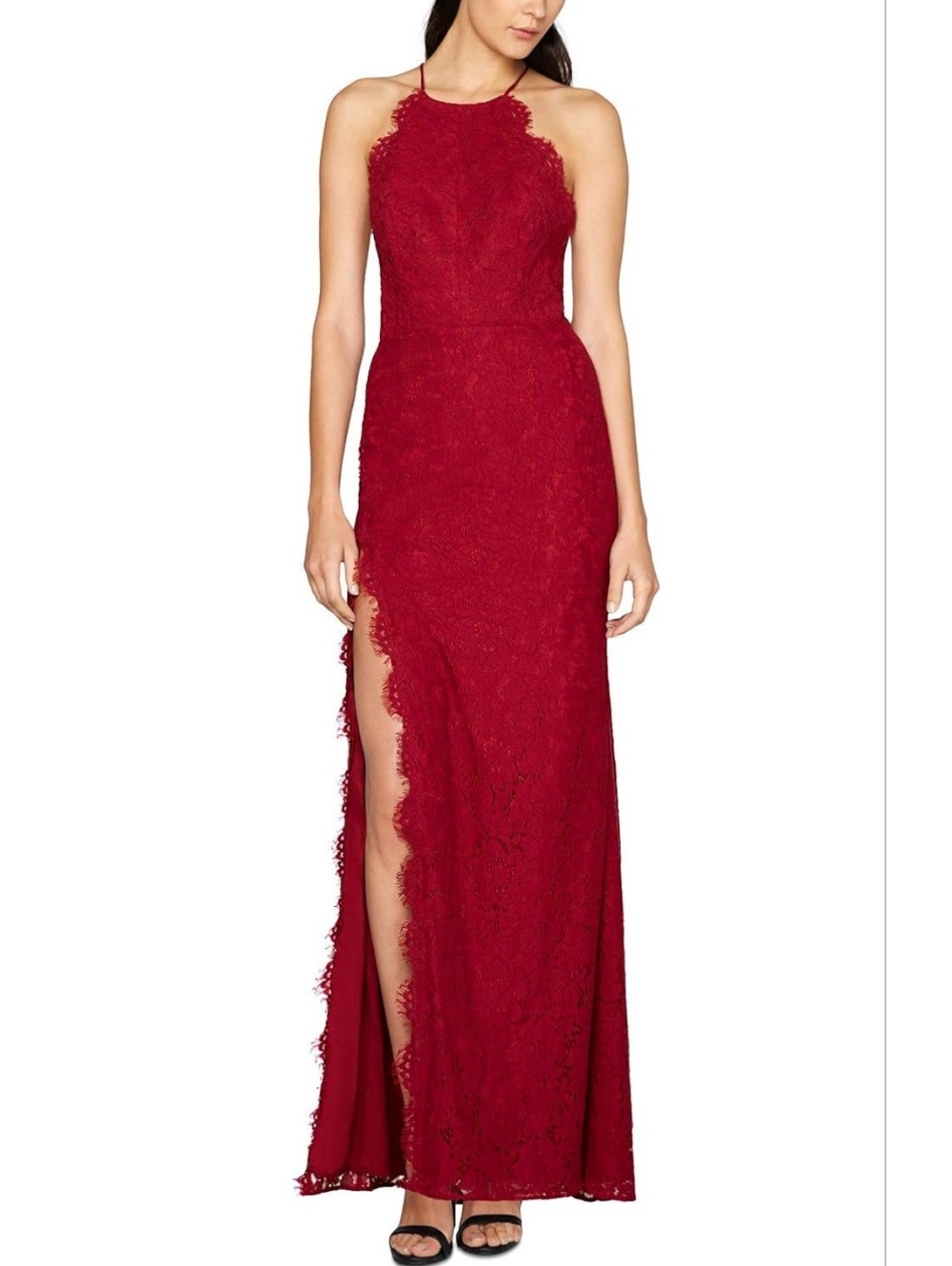 Fame and Partners Crimson Lace Halter Gown with Side Slit